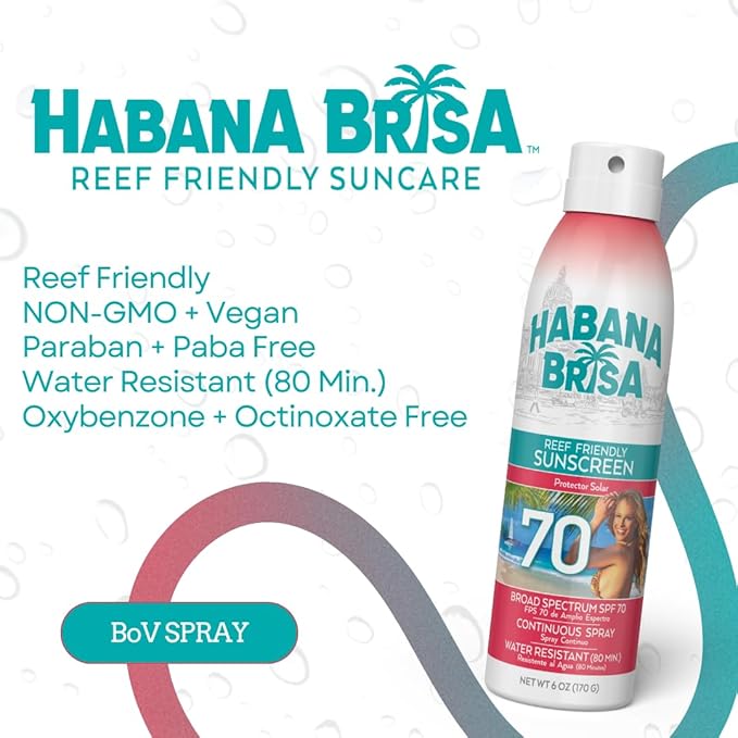 Habana Brisa Reef Friendly Sunscreen Spray SPF 70, Water-Resistant, NON GMO & Vegan, Broad Spectrum SPF 70, NO OXYBENZONE & NO OCTINOXATE, 360 Application, Small-Batch Production, 6 FL OZ