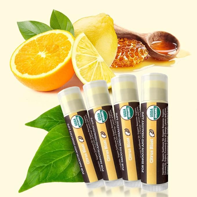 Earth's Daughter USDA Organic Lip Balm 4-Pack Citrus Flavor - Beeswax, Coconut Oil, Vitamin E - Best Lip Repair Chapstick for Dry Cracked Lips.