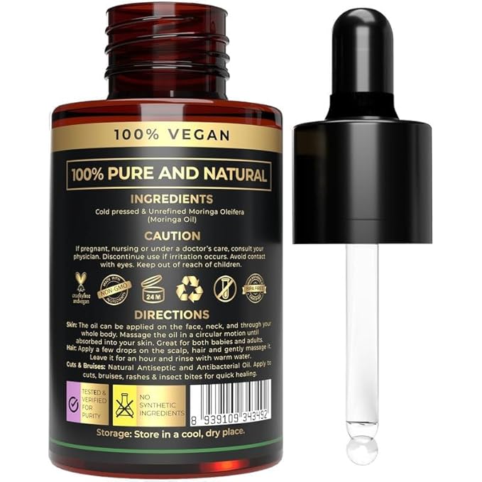 Plant Based Moringa Oil Organic and Cold Pressed Carrier Oil for Hair, Face & Skin – Anti-Aging, Hydrating & Nourishing Moringa Drops for Blends