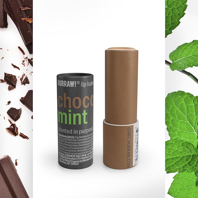 Hurraw! Chocolate & Mint Lip Balm: Plastic-Free with new cardboard push-up tube. Organic, 100% Natural Origin, Vegan, and Cruelty Free. Gluten Free. Bee, Shea, Soy and Palm Free. Made in USA