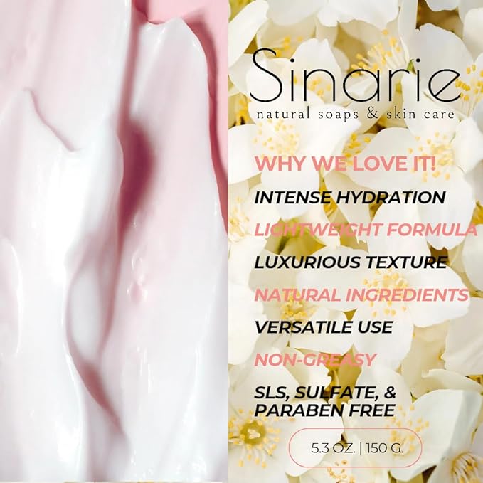 Sinarie Coconut-Free Body Butter | Luxurious Hydration with Shorea Butter, Evening Primrose Oil, Argan & Moringa Oil | Non-Greasy, Natural Ingredients | For Sensitive Skin (5.3 oz., Serenade)