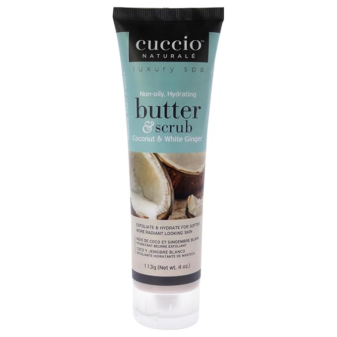 Cuccio Naturale Butter Scrub - Exfoliates And Hydrates - For Softer, Radiant Looking Skin - Infuses Moisture Into Dry Skin - Non-Oily 24 Hour Hydration - Creamy - Coconut And White Ginger - 4 Oz
