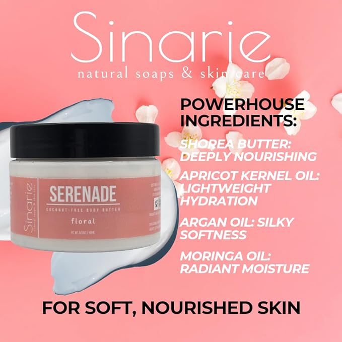 Sinarie Coconut-Free Body Butter | Luxurious Hydration with Shorea Butter, Evening Primrose Oil, Argan & Moringa Oil | Non-Greasy, Natural Ingredients | For Sensitive Skin (5.3 oz., Serenade)