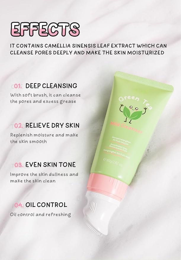 Green Tea Foaming Facial Cleanser | Sulfate-Free Paraben-Free | Gentle Sensitive/All Skin Types Daily Cleanser | Oil Control, Pore Cleansing, Sustained Hydration | Non-Comedogenic 80g / 2.82 oz