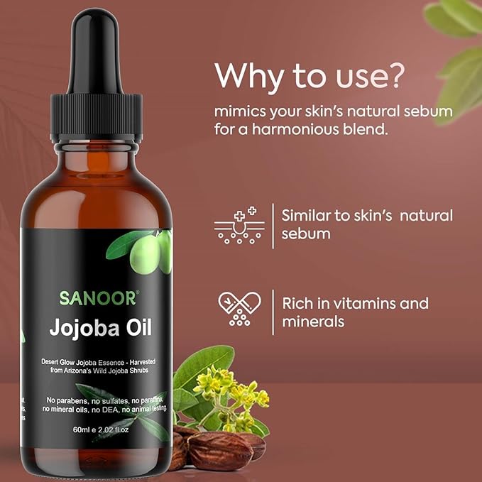 SANOOR Desert Organic Jojoba Oil | 100% Pure (2.02oz) | Cold-Pressed Moisturizer for Skin & Hair Care | Nutrient-Rich Pure Hair Butter | Hydrating Oil for Face, Body, and Scalp | 60ml