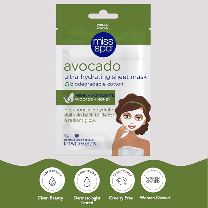 MISS SPA Avocado Ultra-Hydrating Sheet Mask Nourishing Face Mask with Avocado & Honey Deep Moisture Radiant Glow Biodegradable Cotton Dermatologist Tested Clean, 4 pack