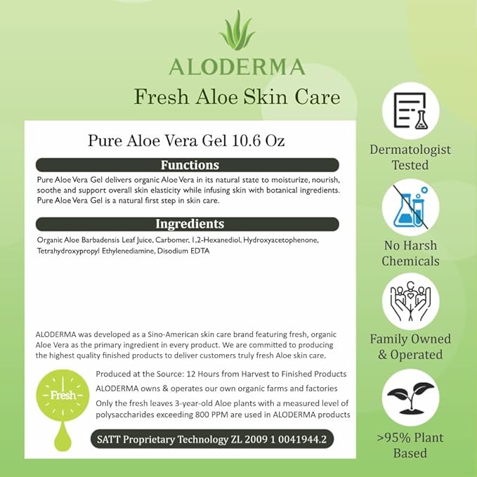 Aloderma Aloe Vera Gel Made within 12 Hours of Harvest with 99% Pure Organic Aloe Vera - Pump Bottle - Ideal for Face and Body, Soothing & Hydrating Sunburn Relief, Great for Scalp & Hair - 10.6oz