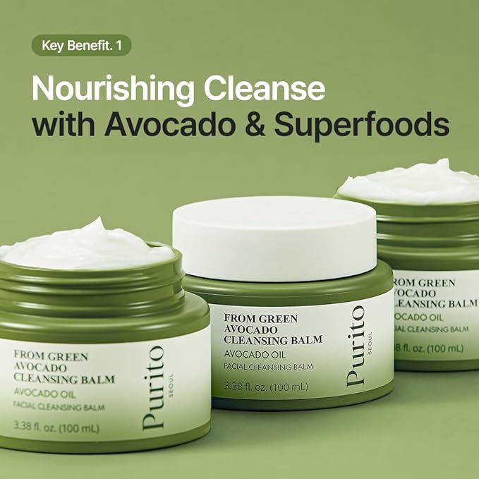 PURITO From Green Avocado Cleansing Balm 100ml / 3.38 fl. oz., Melt-In Moisture with Avocado Oil, Vegan, Cruelty-Free, Suitable for Dry Skin, Korean Skincare