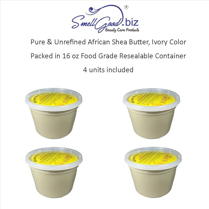 SmellGood - Pure Unrefined African Shea Butter, natural and handmade, ivory color, packed in 16 oz food grade resealable container, 4 Units included