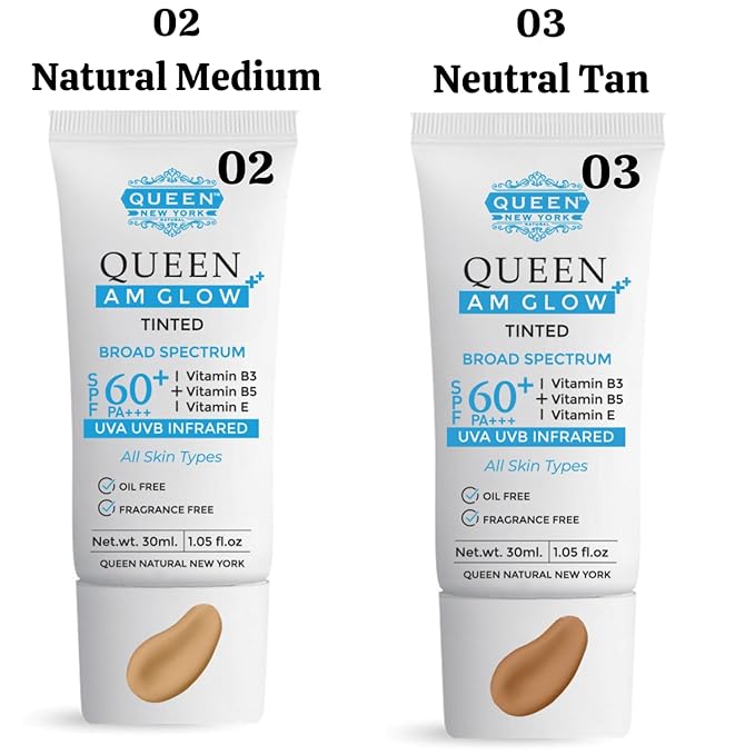 QUEEN AM GLOW | TINTED SunScreen SPF 60 PA+++Primer-Face Moisturizer- Vitamin B3, B5, E- Non-Greasy, Silky Touch-oil free, fragrance free by QUEEN NATURAL NEW YORK (Pack of 2)