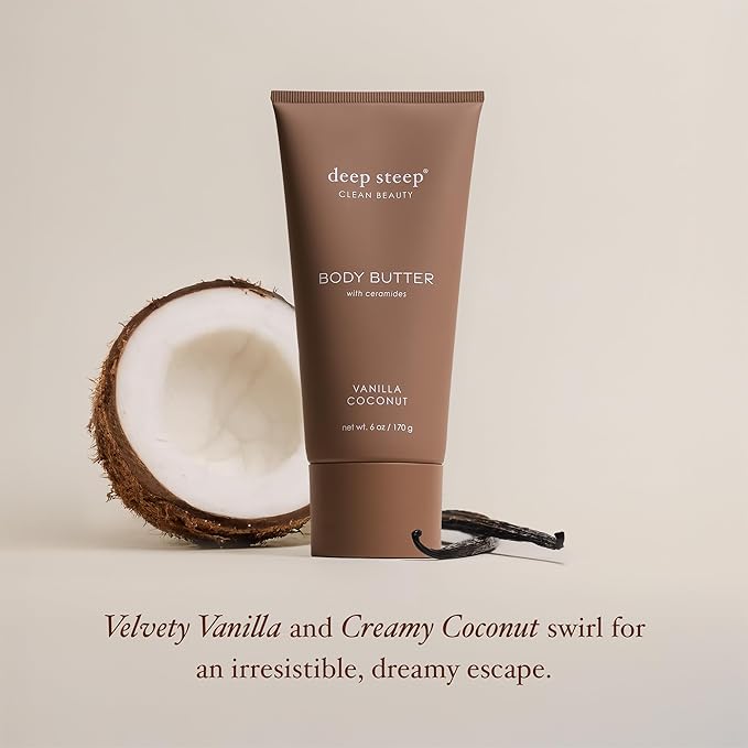 Deep Steep Body Butter, 6 oz – Rich Moisturizer with Ceramides, Coconut Oil, Argan Oil & Aloe Vera – Vegan, Clean Beauty, Smooth & Hydrated Skin (6 Ounces, Vanilla Coconut)