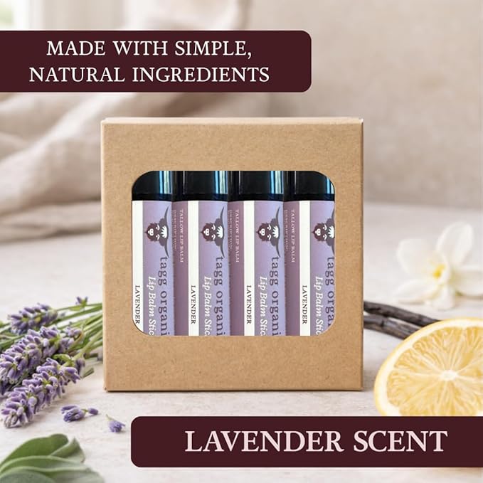 Lavender Tallow Lip Balm – Moisturizing Lip Care with Grass-Fed Tallow, Natural Beeswax & Essential Oils, 4 Pack (.15 oz)