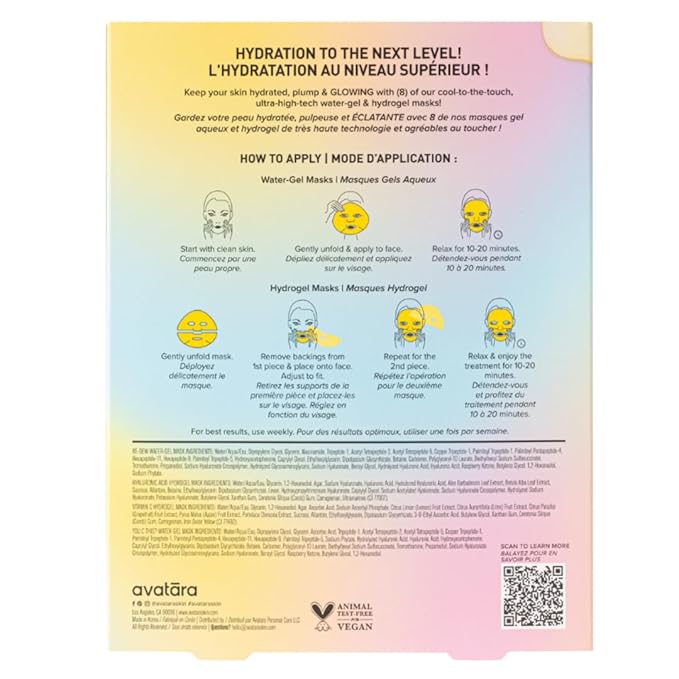 Avatara High-Key Glow 8-Pack Water-gel & Hydrogel Variety Sheet Mask Set, 2 Each: Hyaluronic Acid, Vitamin C, You C This?, Re-Dew | 0.71 fl. oz / 21 mL & 0.95 oz / 27 g