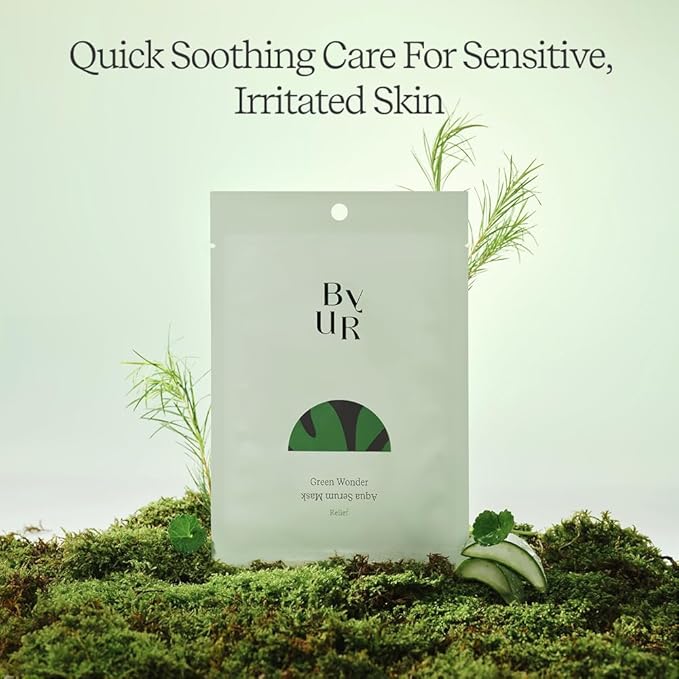 ByUR Green Wonder Keep Peace Aqua Serum Mask - Soothing & Oil Control for Sensitive Skin, Gentle Exfoliation, Salicylic Acid, AHA, Centella Asiatica, Sheet Face Mask Pore Care Korean Skincare (4pc)
