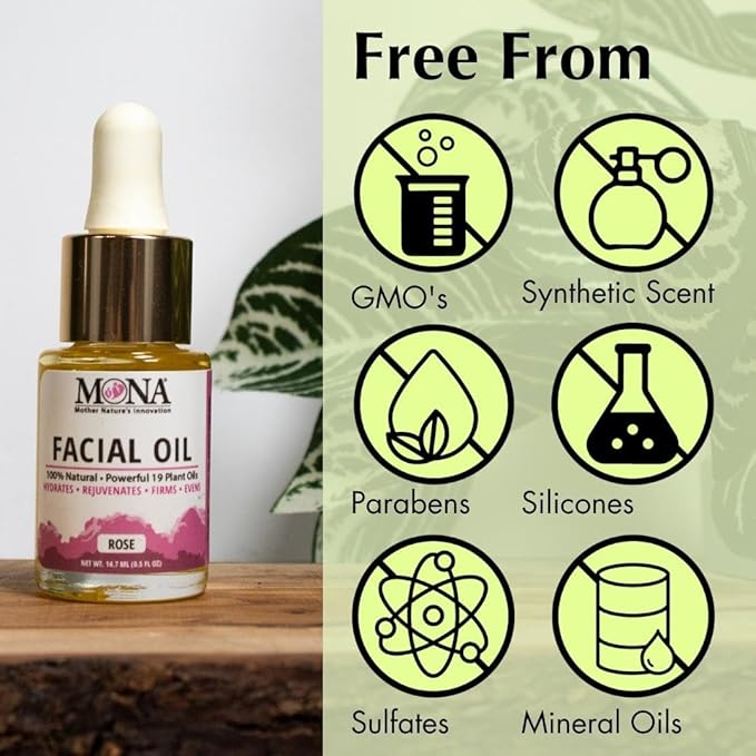 MONA Brands Natural Face Oil with Rosehip, Vitamin E, and Argan Oil | Pure Botanical Skincare | Anti-Aging Oil | All Skin Types | Rose Scented | 0.5 fl oz, Pack of 1