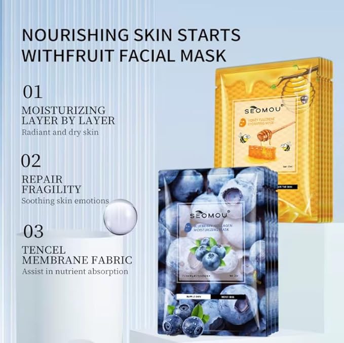 Natural Facial Sheet Mask, Moisturizing Hydrating Fruit Facial Mask For All Skin Types, 5 count (Honey Fullerene Hydrating Mask)