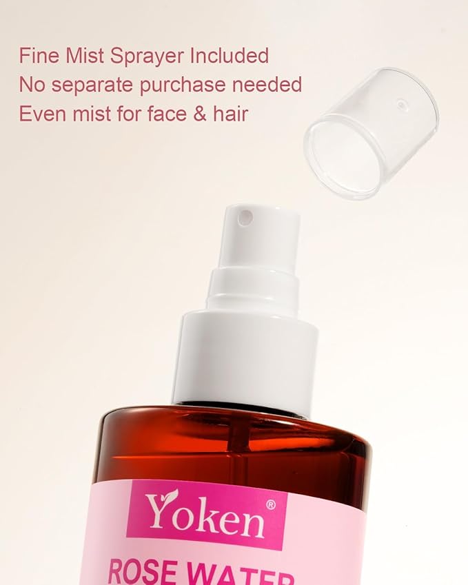 Yoken Organic Rose Water Spray for Face, 8 Fl Oz Fine Mist, Rosewater Face Mist with 100% Pure & Natural Rosa Damascena Rose Hydrosol, USDA Certified Organic, Alcohol Free, Vegan, No Dyes