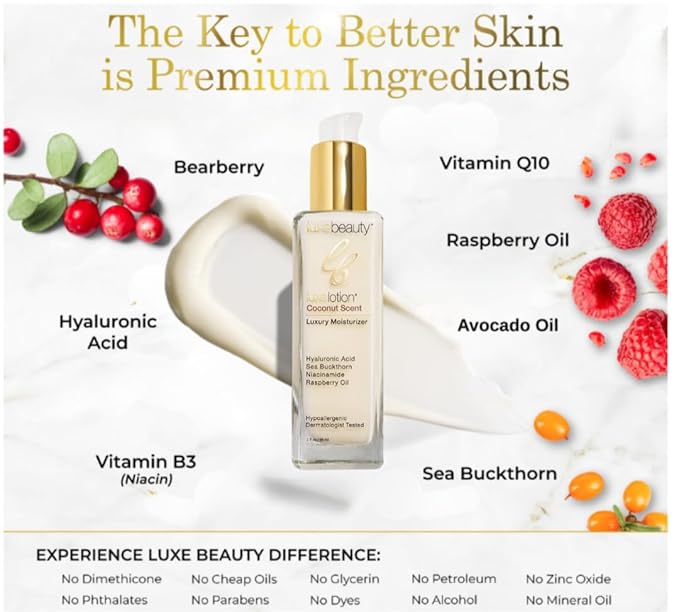 Luxe Lotion is Non-Greasy Hyaluronic Acid Moisturizer – Coconut-Scented Lotion, Silicone-Free, No Fillers – With Organic and Plant-Based Ingredients - Anti-Aging Hydrating Facial Cream