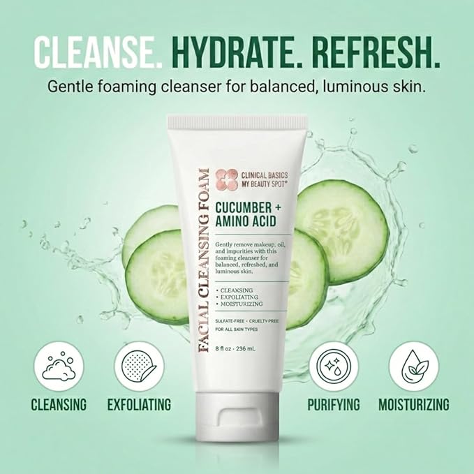 My Beauty Spot Cucumber + Amino Acid Facial Cleansing Foam, Gentle Foaming Face Wash for Moisturizing & Refreshing Skin, 8 oz