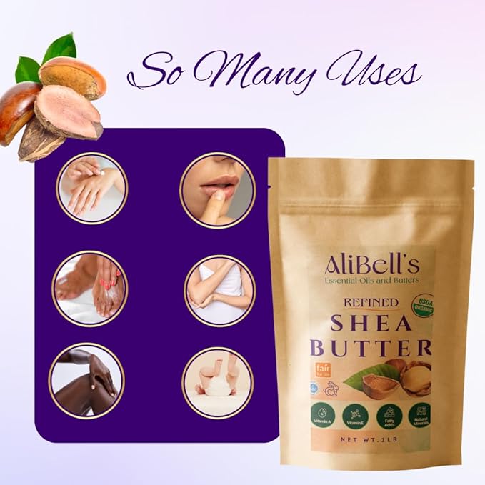 AliBell's- Refined Shea Butter - Unscented Shea Butter - Ultra Refined, Deodorized, White - Hydrating Moisturizer for Dry Skin and Hair