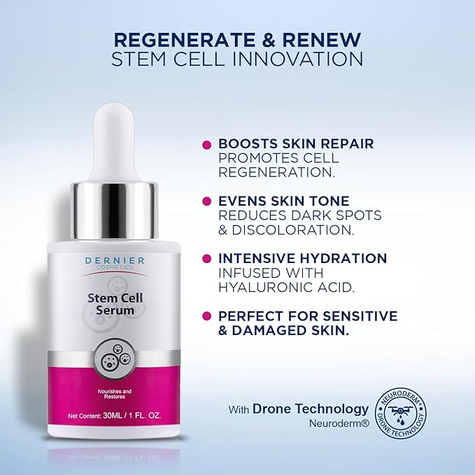 Dernier Stem Cell Face Serum – 3% Bio-Vegan Stem Cells, 1% Hyaluronic Acid, 0.3% Allantoin | Overnight Hydrating Serum for Smoother-Looking Skin & Youthful Appearance (1 fl oz)