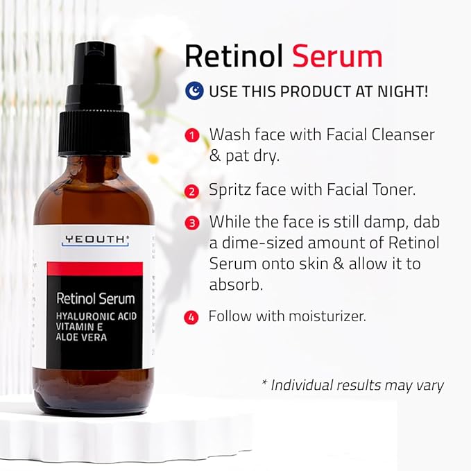 YEOUTH Retinol Serum for Face with Hyaluronic Acid & Vitamin E, Hydrating Retinol Face Serum for Women & Men, Facial Skin Care for Even Skin Tone - 2oz