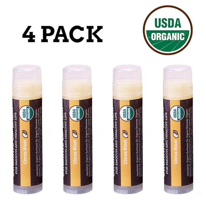 Earth's Daughter USDA Organic Lip Balm 4-Pack Citrus Flavor - Beeswax, Coconut Oil, Vitamin E - Best Lip Repair Chapstick for Dry Cracked Lips.