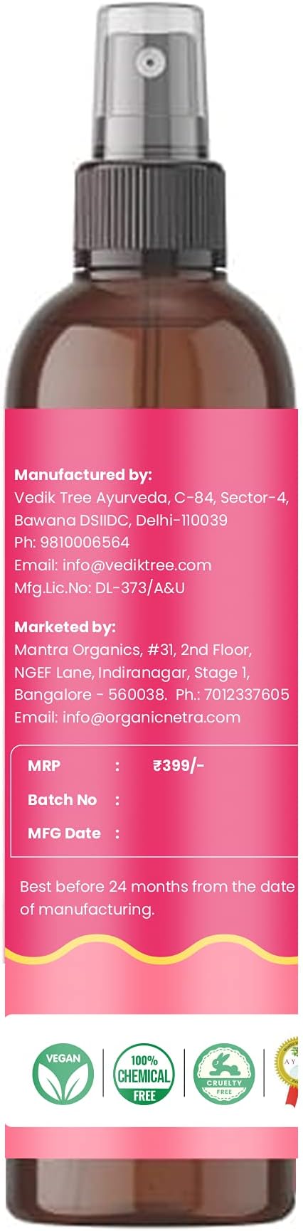 Organic Netra Rose Water with Vitamin C | Exfoliates the Skin and Controls Oil | Excellent for Clearing Away Makeup & Dirt from Pores | Mist Spray for All Skin Type | Paraben and Alcohol Free - 200 ml