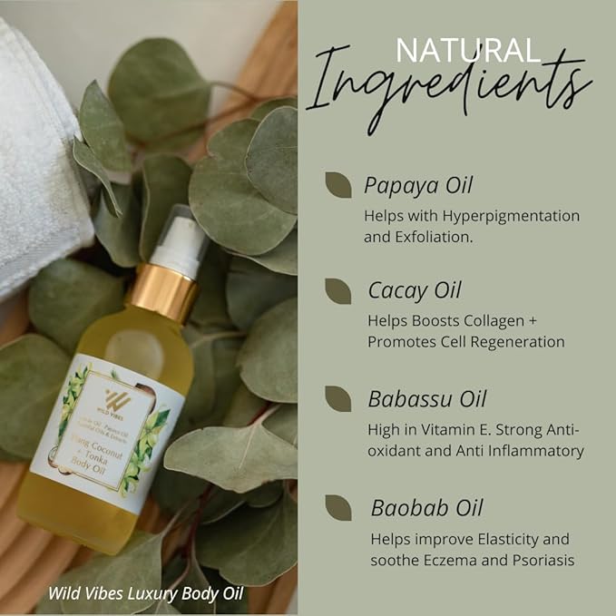 Wild Vibes Ylang Coconut + Vanilla Bean Body & Massage Oil - Hydrating Jojoba, Papaya Seed Oil, Vitamin E, Lupine Seed Extract for Collagen production – Nourishing Oil for all skin types 4oz