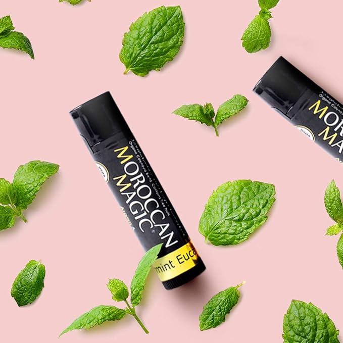 Moroccan Magic Organic Peppermint Eucalyptus Lip Balm 3 Pack | Ultra-Hydrating Argan & Essential Oil Lip Moisturizer + Vitamin E | Natural Mint Chapstick for Dry Lips | Non-Toxic | Organic Lip Balm