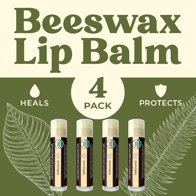 Earth's Daughter USDA Organic Lip Balm 4-Pack Unflavored - Beeswax, Coconut Oil, Vitamin E - Best Lip Repair Chapstick for Dry Cracked Lips.