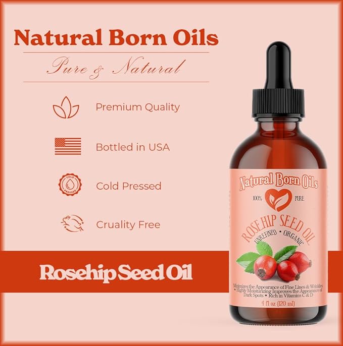 Natural Born Oils Rosehip Seed Oil, 16oz, Organic, Cold-Pressed, Nutrient-Rich, Excellent for Radiant Skin, Lustrous Hair