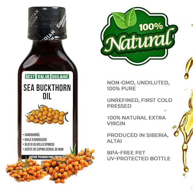 Siberian Sea Buckthorn Oil 100 Ml, Non-GMO, Unrefined, First Cold Pressed, Raw, Natural - 3.4 Fl Oz from wild harvested berries and seeds