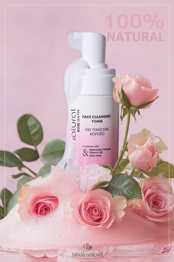 Bade Natural Rosewater Foaming Facial Cleanser – Gentle Vegan Face & Plant-Based Collagen – Hydrating for All Skin Types – 3.4 fl oz (100 ml)