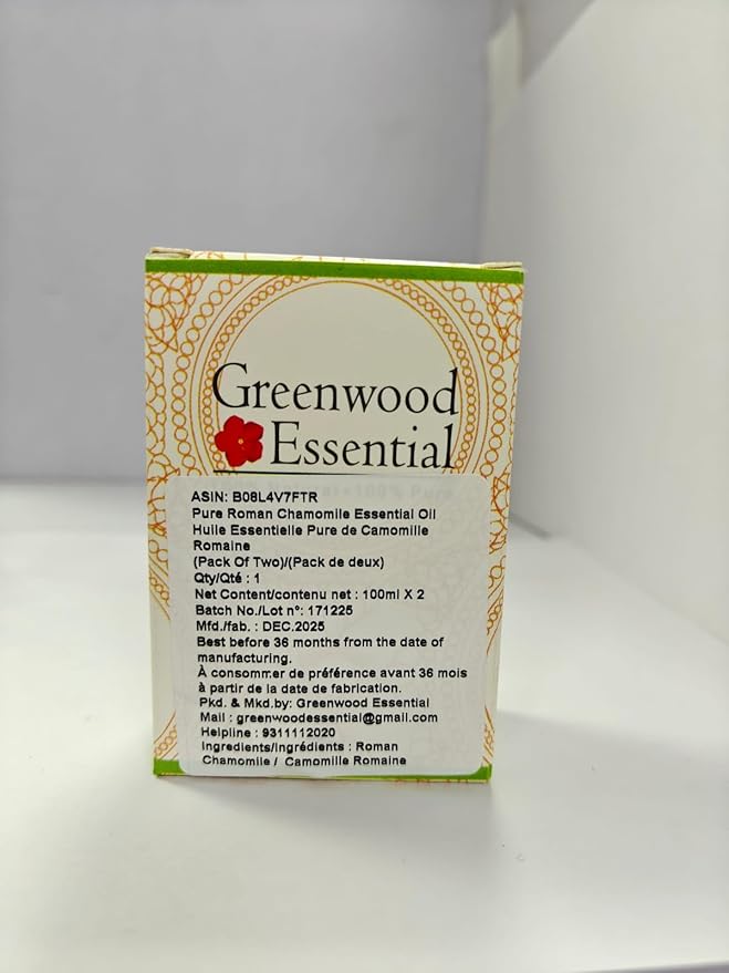 Greenwood Essential Pure Roman Chamomile Essential Oil (Chamaemelum nobile) with Glass Dropper Steam Distilled (Pack of Two) 100ml X 2 (6.76 oz)