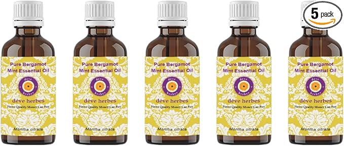 Deve Herbes Pure Bergamot Mint Essential Oil (Mentha citrata) Steam Distilled (Pack of Five) 100ml X 5 (16.9 oz)