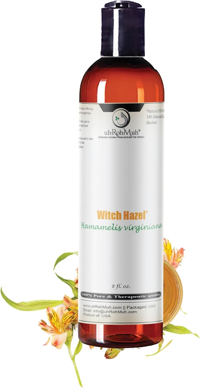 Witch Hazel Natural USP Oil – 100% Pure with 14% Natural Grain Alcohol | Hamamelis Virginiana Extract for Face, Skin, Hair & Wellness | Astringent & Soothing Properties | 8 Fl Oz