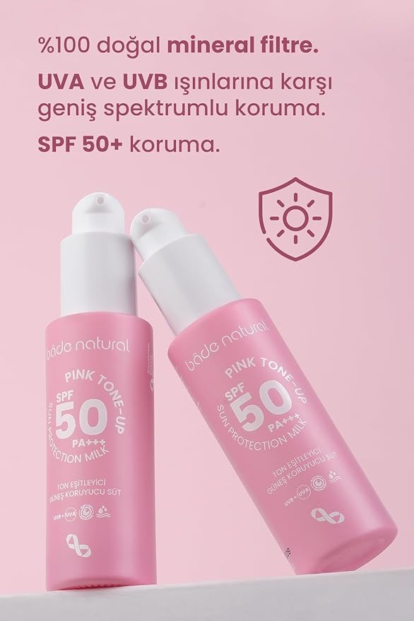 Bade Natural Tone-Correcting & Brightening Pink Mineral Sunscreen Milk SPF 50 – Broad Spectrum UVA/UVB Protection with Zinc Oxide, Calamine, Aloe Vera, Panthenol & Vitamin B3 – 1.0 fl oz