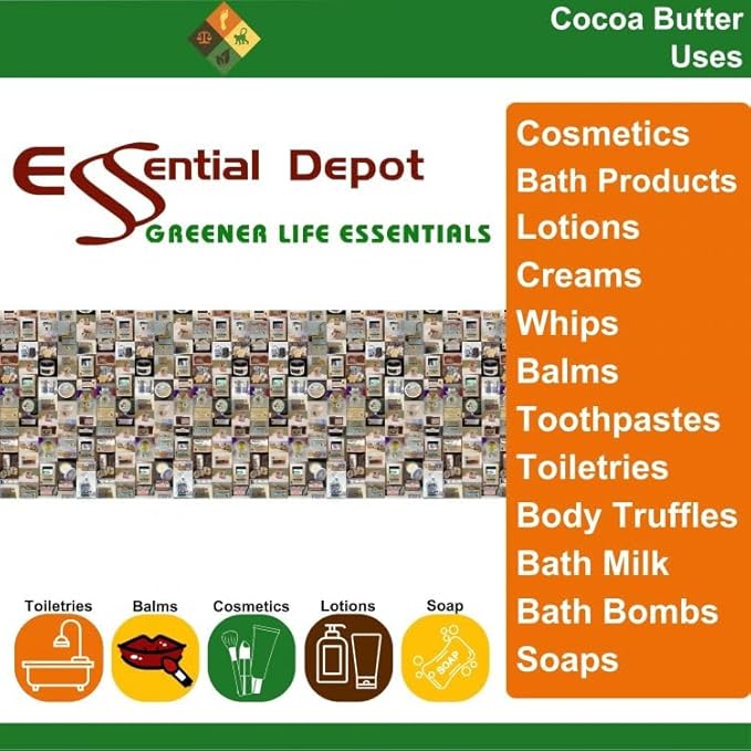 Cocoa Butter - chips/chunks - 4 lb - Kosher - Raw - Unrefined - Natural Cocoa Scent - Safety Sealed Wide Mouthed PP Container with Resealable Cap and Reattachable Handle - microwave-safe, freezer-safe