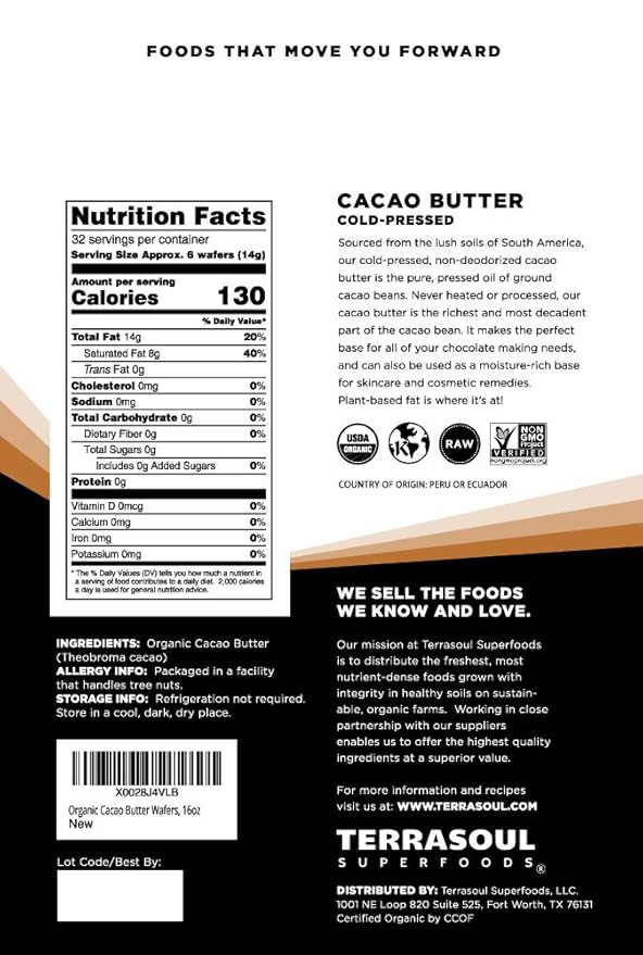 Terrasoul Superfoods Organic Cacao Butter Wafers, 1 Lb - Raw | Keto | Vegan | Unrefined