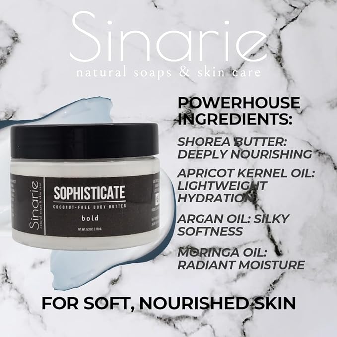 Sinarie Coconut-Free Body Butter | Luxurious Hydration with Shorea Butter, Evening Primrose Oil, Argan & Moringa Oil | Non-Greasy, Natural Ingredients | For Sensitive Skin (5.3 oz., Sophisticate)