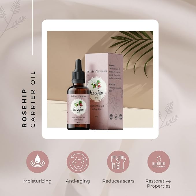 White Naturals Organic Rosehip Seed Oil Cold Pressed, Unrefined 100% Pure Rose Hip Carrier Oil, Natural Moisturizer For Body Face Hair Skin Massage & Nails, Facial Serum Anti-Aging Treatment 4 oz