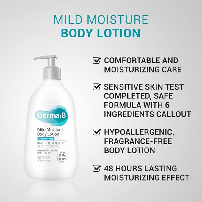 Derma B | Mild Moisture Body Lotion | Body Moisturizer for Sensitive Skin | Body Lotion for Extremely Dry Skin | Non-Irritating | Unscented Fast-Absorbing Cream | Korean Skincare | 13.5 fl oz (400ml)
