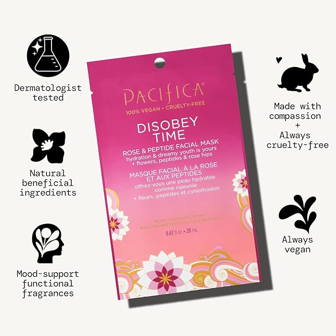 Pacifica Disobey Time Rose & Peptide Facial Sheet Mask 6-PACK Hydrating Anti-Aging Mask for Fine Lines & Dry Skin Infused w/Hyaluronic Acid & Chamomile Clean Vegan & Cruelty-Free Dermatologist Tested