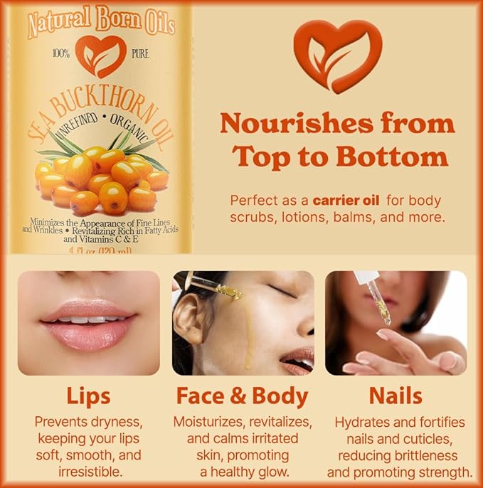 Natural Born Oils Sea Buckthorn Oil, 1 Gallon, Organic, Cold-Pressed, Nutrient-Rich, Excellent for Glowing Skin, Lustrous Hair