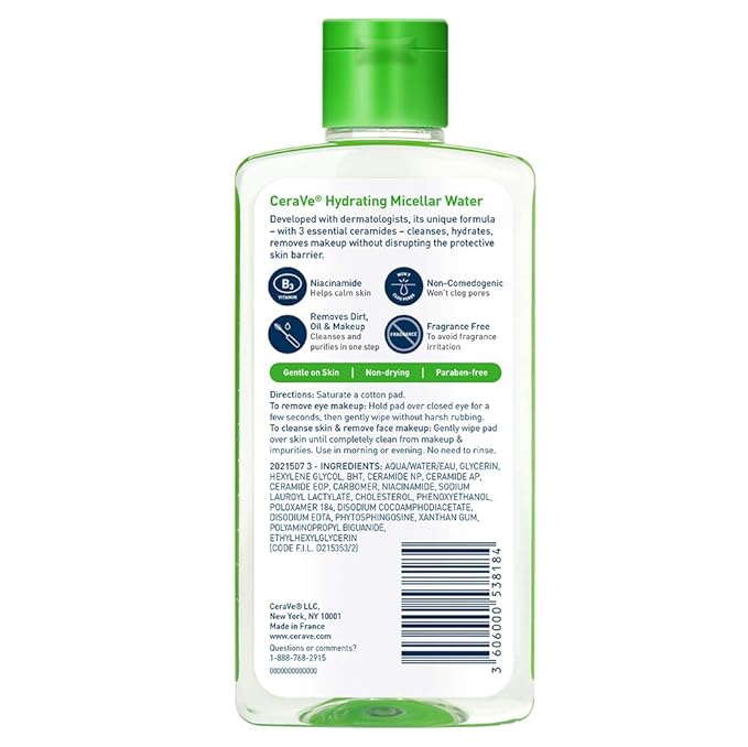 CeraVe Micellar Water, Hydrating Facial Cleanser & Eye Makeup Remover with Niacinamide, Ceramides & Glycerin, Fragrance-Free & Non-Irritating, 10 Fluid Ounces