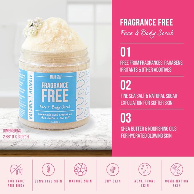 Mojo Spa Fragrance Free Face and Body Scrub | No Scent, Vegan Friendly | Moisturizing Sugar Based Exfoliator for Sensitive Skin | 10 oz