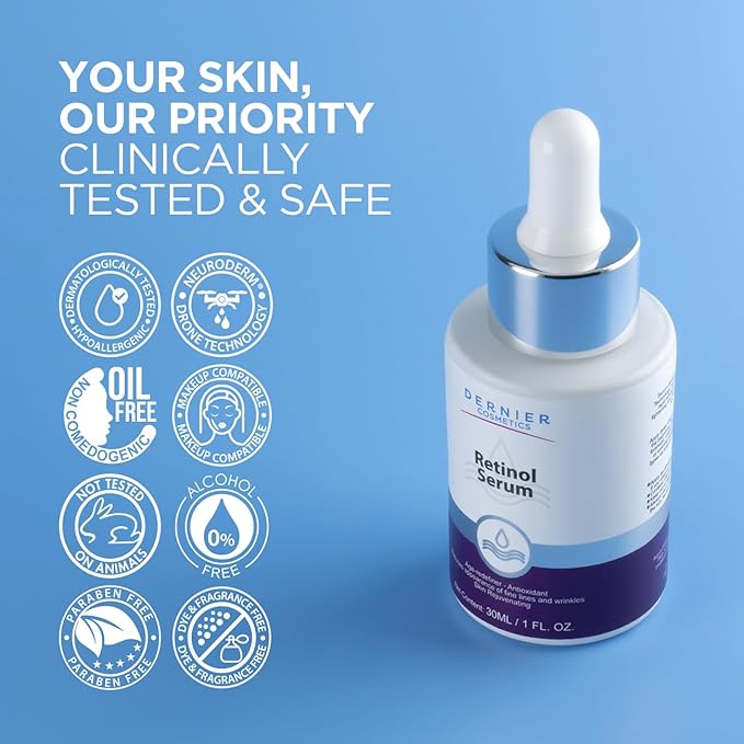 Dernier Retinol 1% Serum for Face - Anti-Aging Skin Care Serum with Hyaluronic Acid 0.5% - Reduces Wrinkles Fine Lines & Signs of Aging Night Moisturizer Ideal for Sensible Skin (1 fl oz)