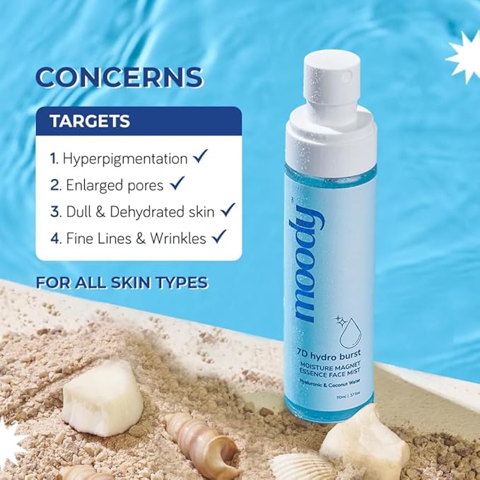 Moody 7D Hydro Burst Hydrating Face Mist & Toner with Hyaluronic & Coconut Water |Face Mist for Soothing and Pore Tightening |Alcohol-Free Toner for Glowing Skin |100% Vegan | 72 Hour Hydration,110ml
