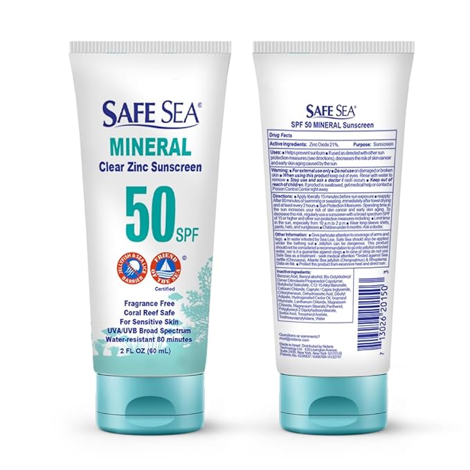Safe Sea Zinc Oxide Sunscreen SPF50 | Clear Mineral Face Sunscreen Without White Cast | Anti-Jellyfish Sting Protective Lotion | Coral Reef Safe | Travel Size - 2Oz (60ml), Pack of 3